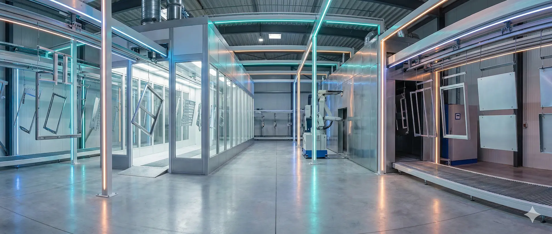 Pulverbeschichtungslinie in der Fertigung.